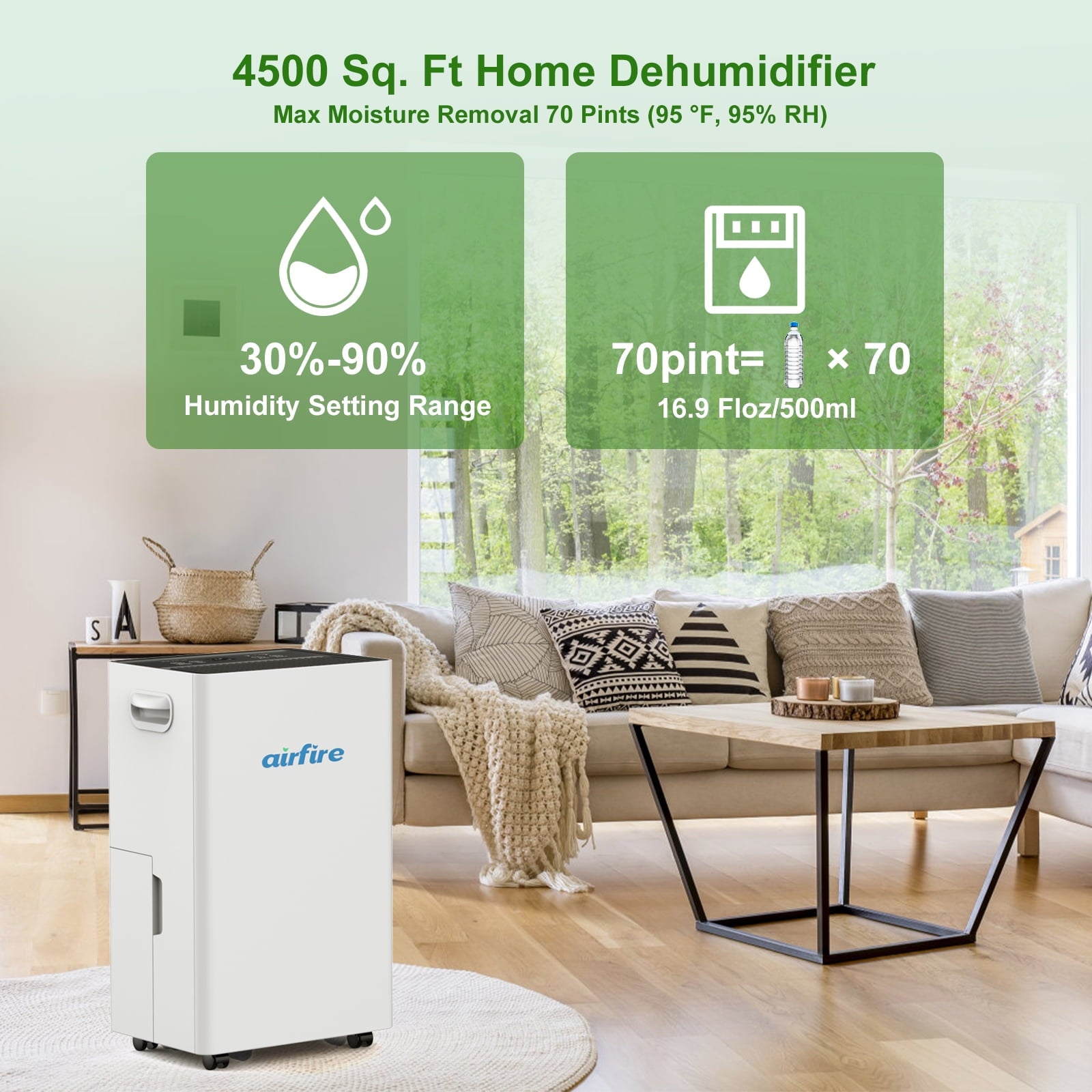 Airfire 3500 Sq. ft 15 Pint (DOE) Dehumidifier for Basement, Dehumidifiers with Drain Hose for Home Bedroom Bathroom Large Room, Auto Defrost& Drain, 24H Timer, 1.59 gal Water Tank, Dry Clothes