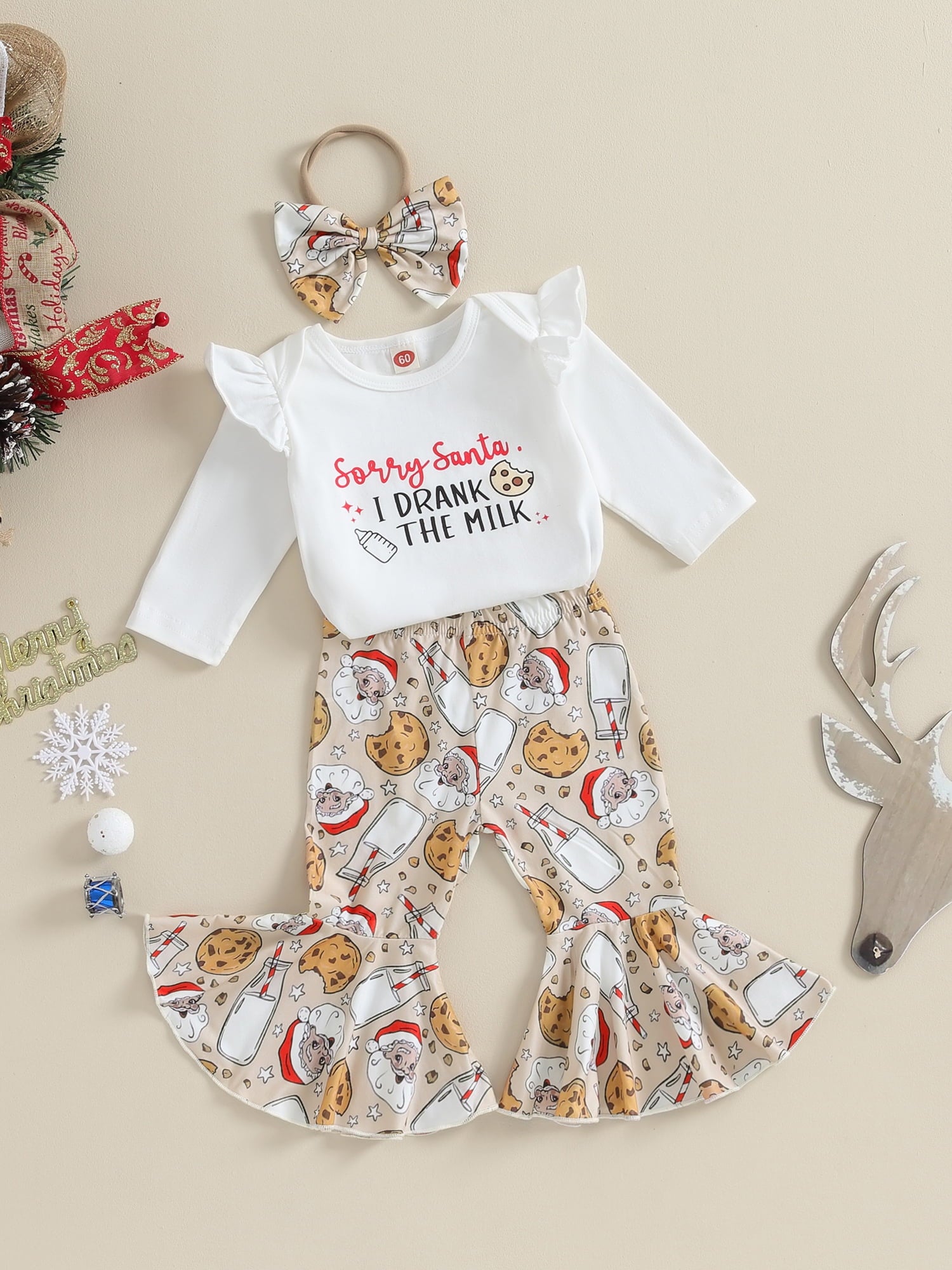 Newborn Baby Girls Clothes Christmas Outfits 3M 6M 12M Ruffle Long Sleeve Romper with Pants Headband Set